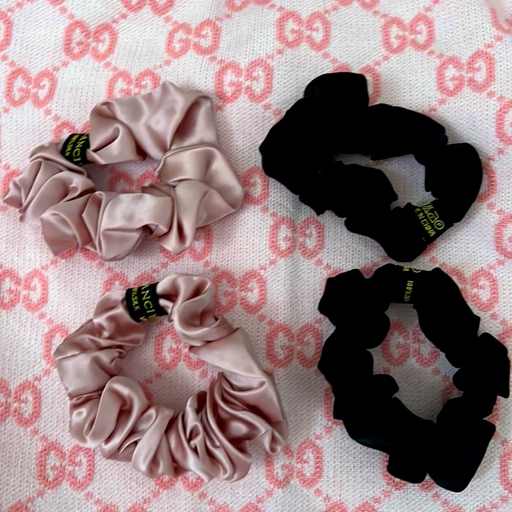 Silk hair scrunchie tie mulberry silk pink sexy shiny metallic hair pony tail - Picture 11 of 12